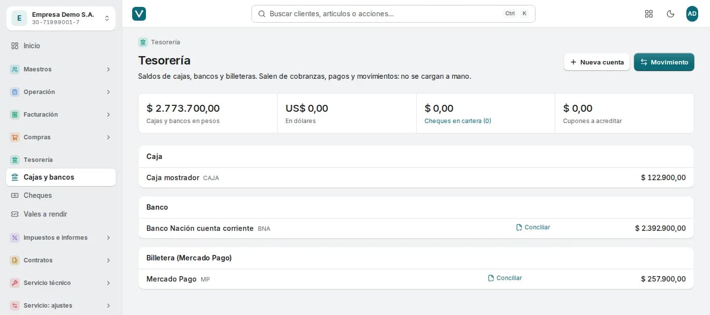 Panel de Vektra ERP: saldos de caja, banco y billetera, con cheques en cartera y cupones a acreditar