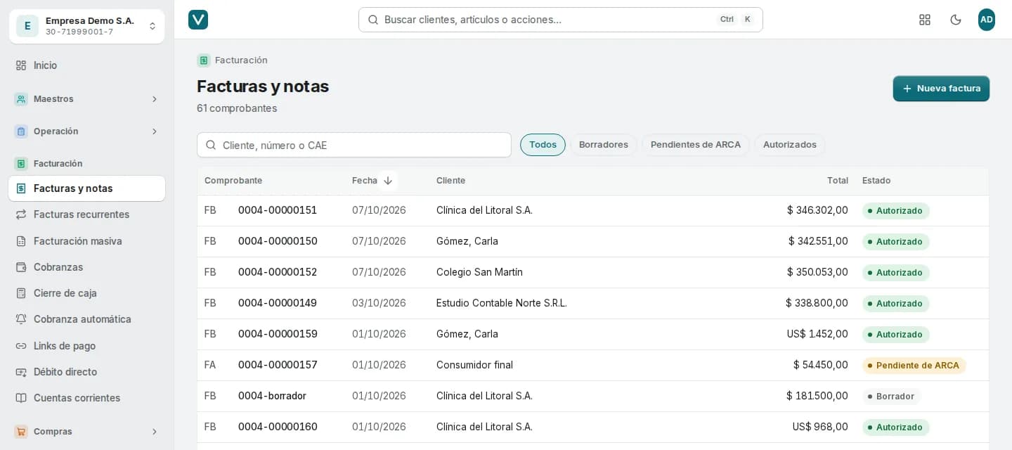 Panel de Vektra ERP: lista de facturas y notas con su número, fecha, cliente, total y estado de autorización en ARCA